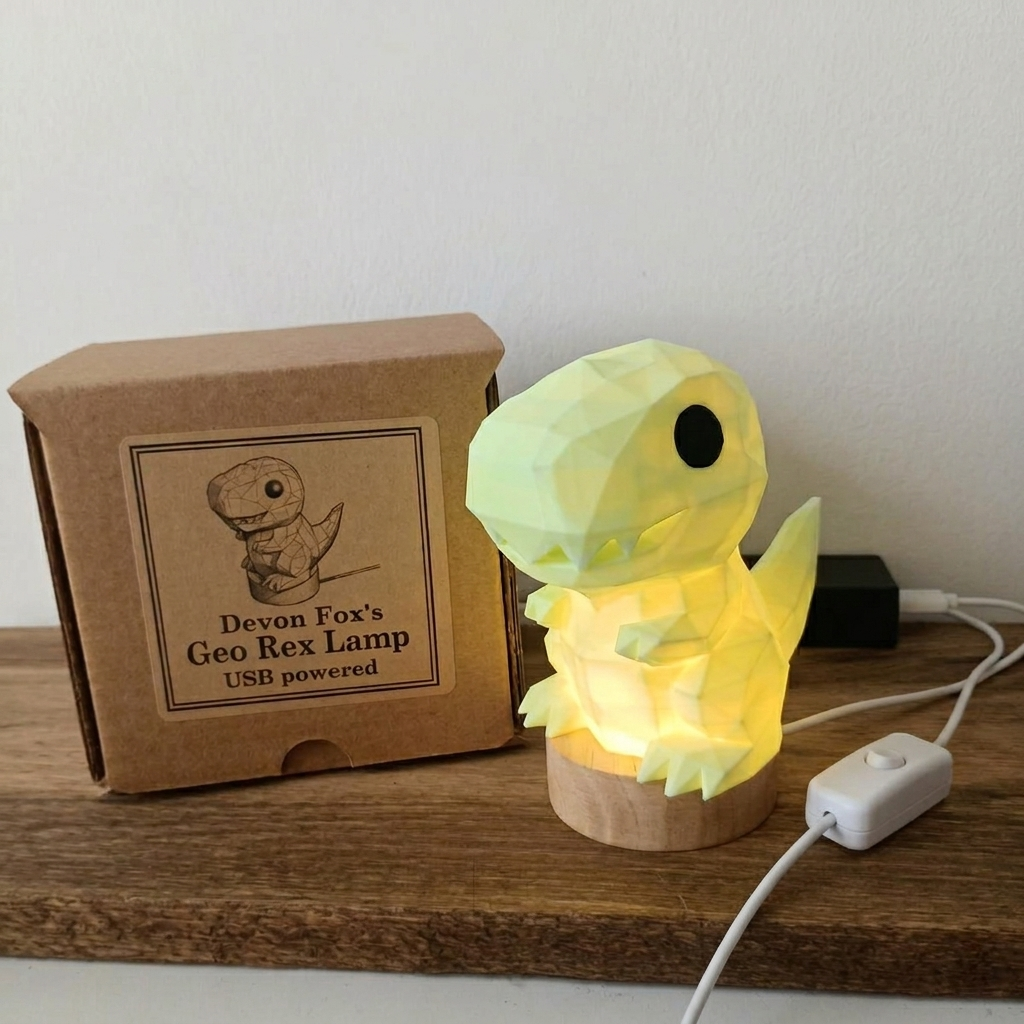 USB-powered Geo Rex lamp with packaging on a wooden surface