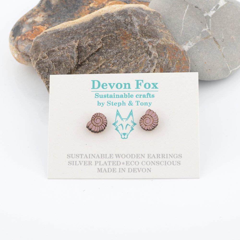 Wooden Ammonite Stud Earrings - Silver Plated