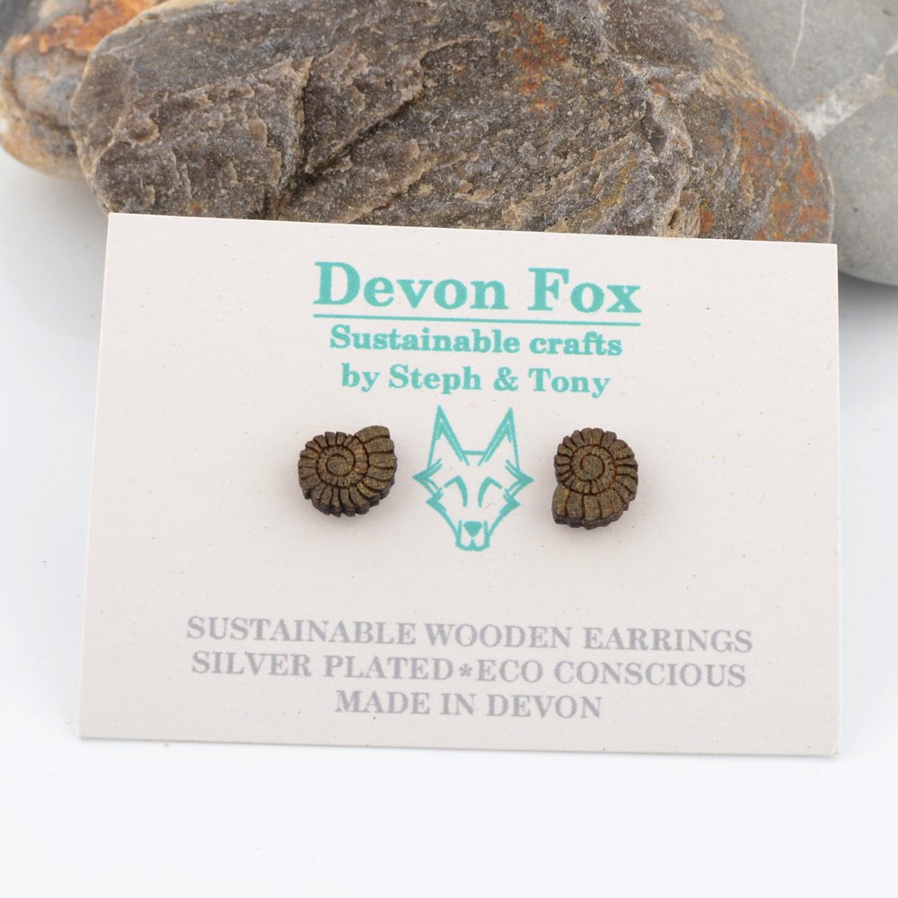 Wooden Ammonite Stud Earrings - Silver Plated