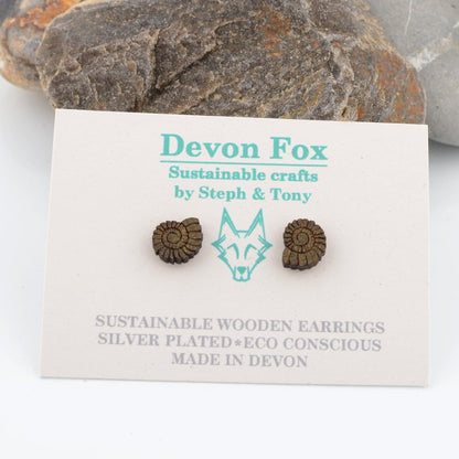 Wooden Ammonite Stud Earrings - Silver Plated