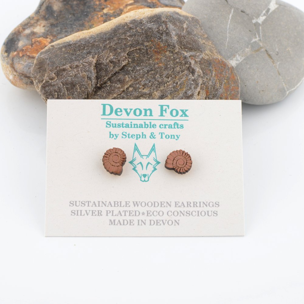 Wooden Ammonite Stud Earrings - Silver Plated