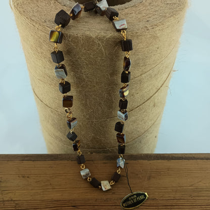 Vintage 1960s Chocolate Mother of Pearl Geometric Cube Necklace – 18” Pristine Archive Find