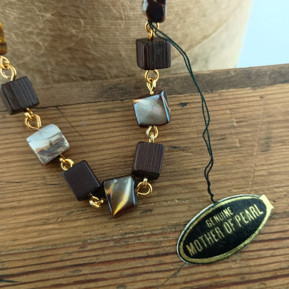 Vintage 1960s Chocolate Mother of Pearl Geometric Cube Necklace – 18” Pristine Archive Find