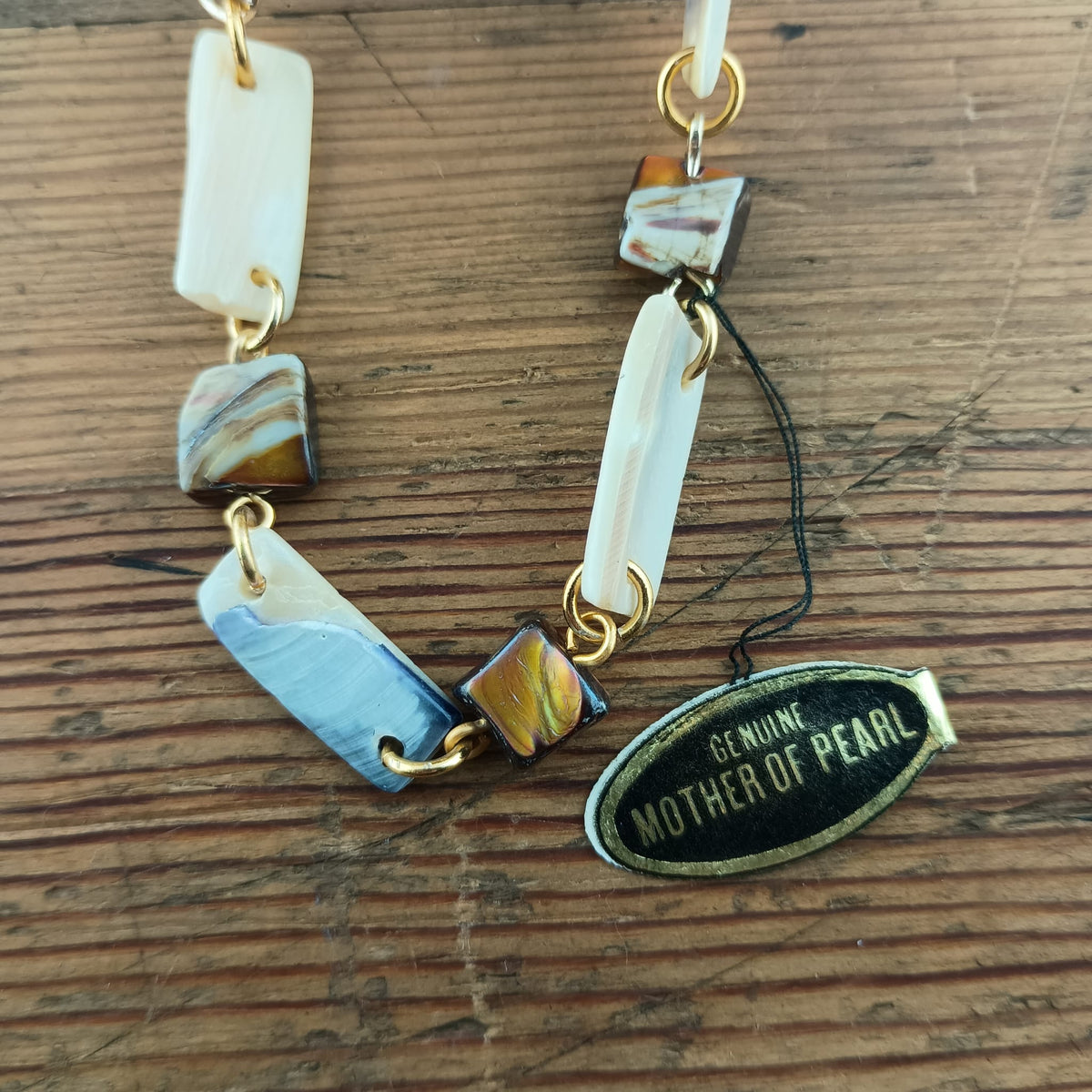 Vintage 1960s Brown & Cream Mother-of-Pearl Rectangle Necklace – 18” Pristine Archive Find