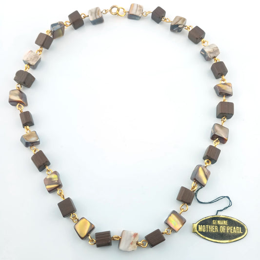 Vintage 1960s Chocolate Mother of Pearl Geometric Cube Necklace – 18” Pristine Archive Find - Necklace