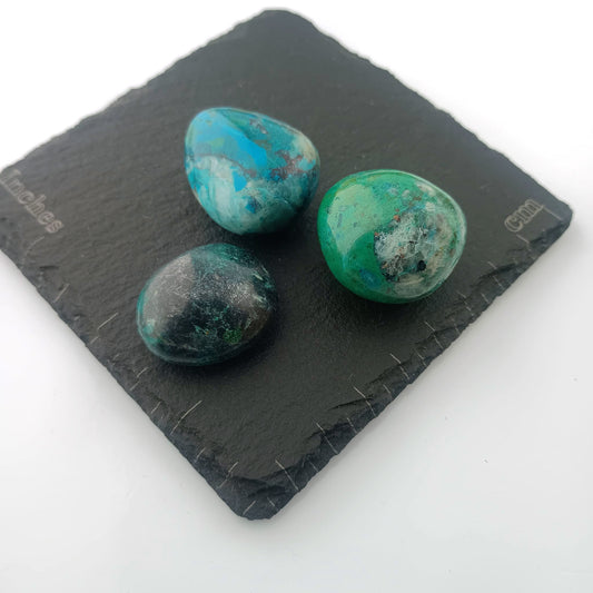 Chrysocolla with Malachite Tumble Stone on a dark slate coaster