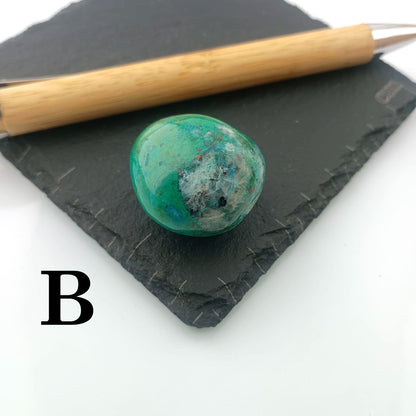 Chrysocolla with Malachite Tumble Stone on a dark slate coaster
