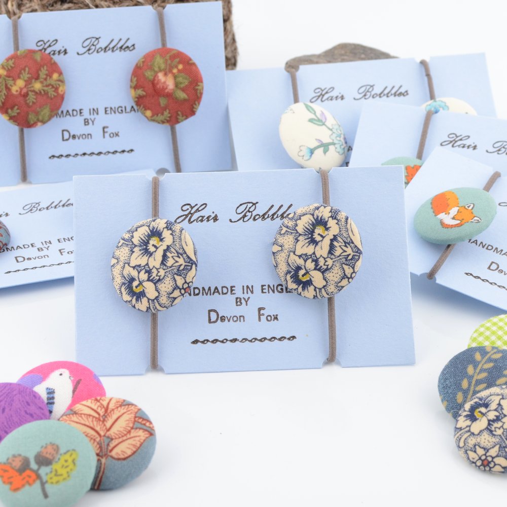 Cream and Blue Flowers Hair Bobbles - Covered Button Design