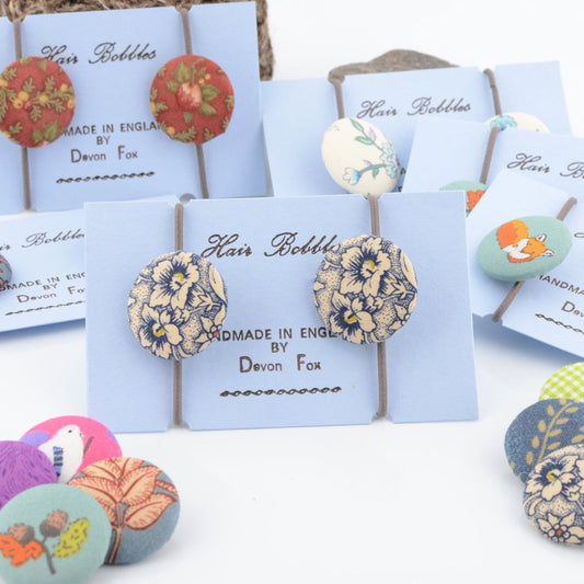 Cream and Blue Flowers Hair Bobbles - Covered Button Design