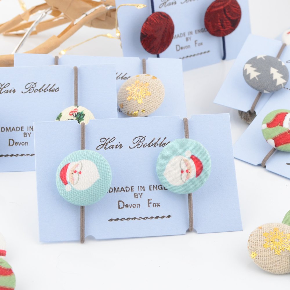 Father Christmas Hair Bobbles - Covered Button Design Duck Egg