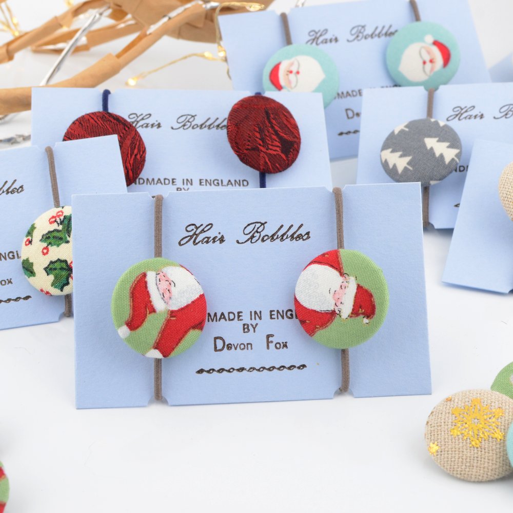 Father Christmas Hair Bobbles - Covered Button Design Green