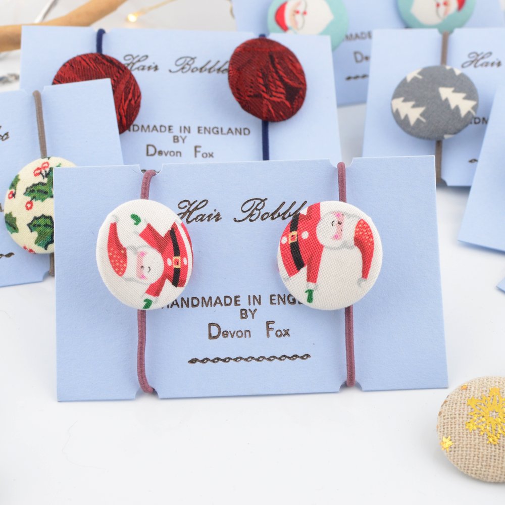 Father Christmas Hair Bobbles - Covered Button Design White