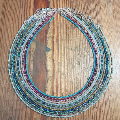 2mm Natural Stone Faceted Beaded Necklace with Sterling Silver Extender Chain