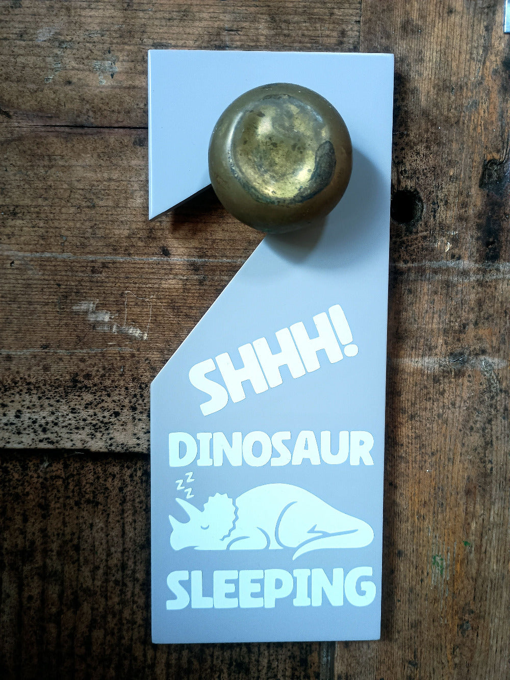 Sign with 'SHHH! Dinosaur Sleeping' text and a dinosaur illustration on a wooden surface.