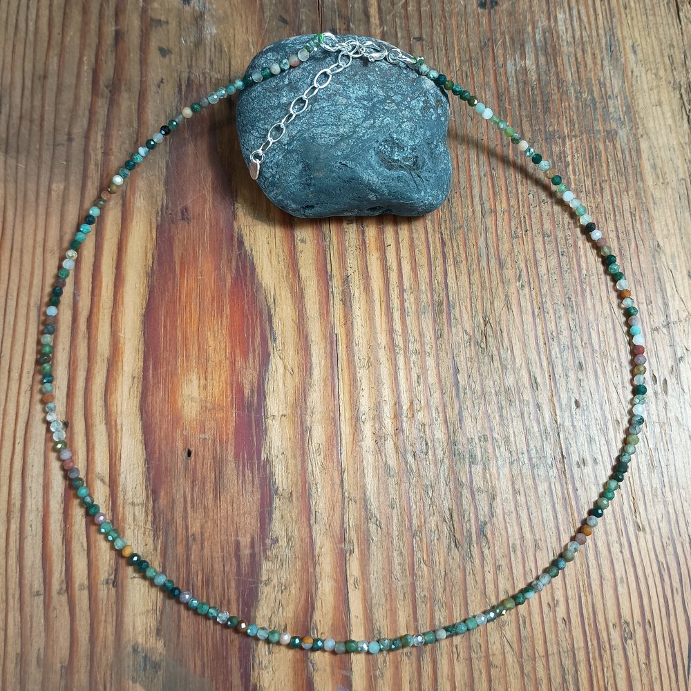 2mm Natural Stone Faceted Beaded Necklace with Sterling Silver Extender Chain