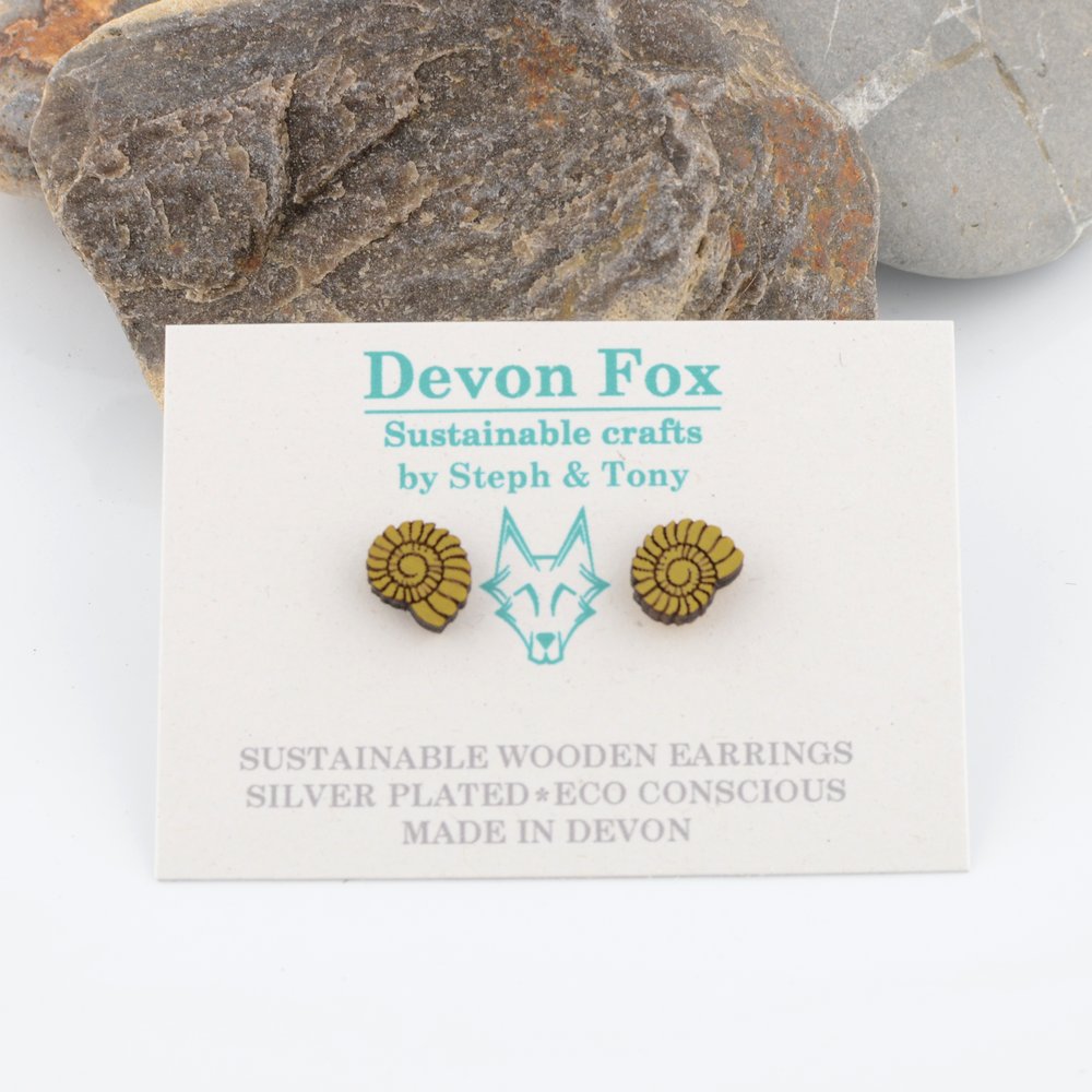 Wooden Ammonite Stud Earrings - Silver Plated
