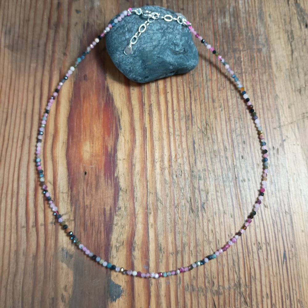 2mm Natural Stone Faceted Beaded Necklace with Sterling Silver Extender Chain