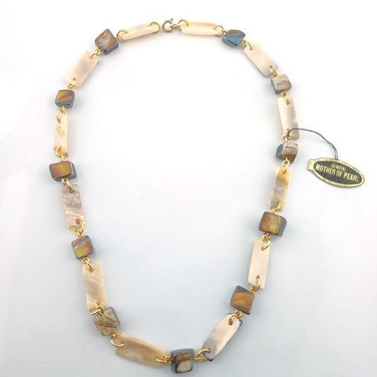 Vintage 1960s Brown & Cream Mother - of - Pearl Rectangle Necklace – 18” Pristine Archive Find - Necklace