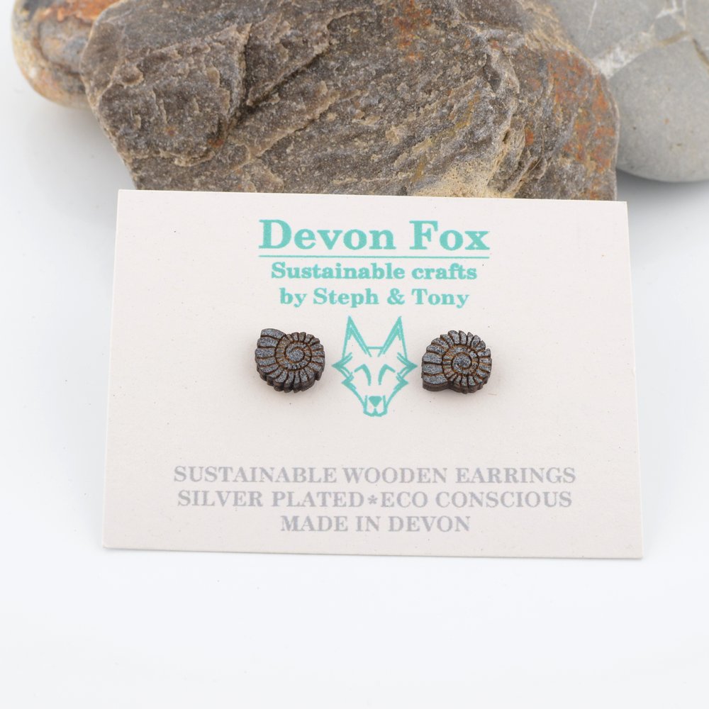 Wooden Ammonite Stud Earrings - Silver Plated