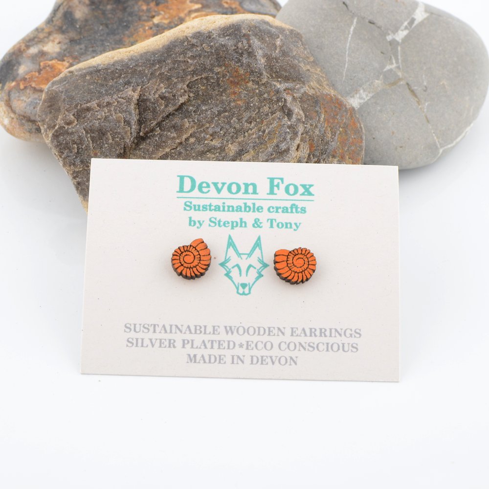 Wooden Ammonite Stud Earrings - Silver Plated