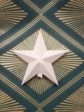 White star-shaped object on a green and gold patterned background