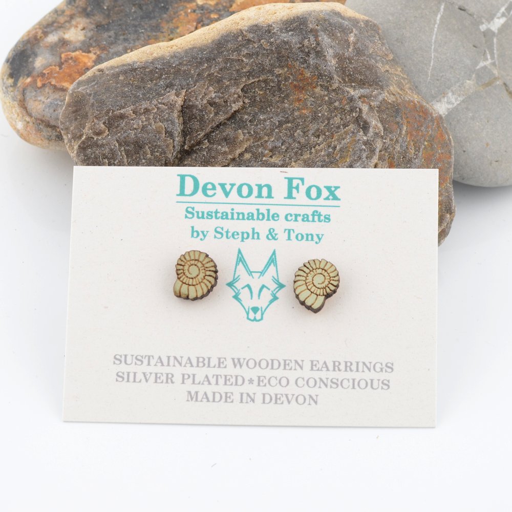 Wooden Ammonite Stud Earrings - Silver Plated