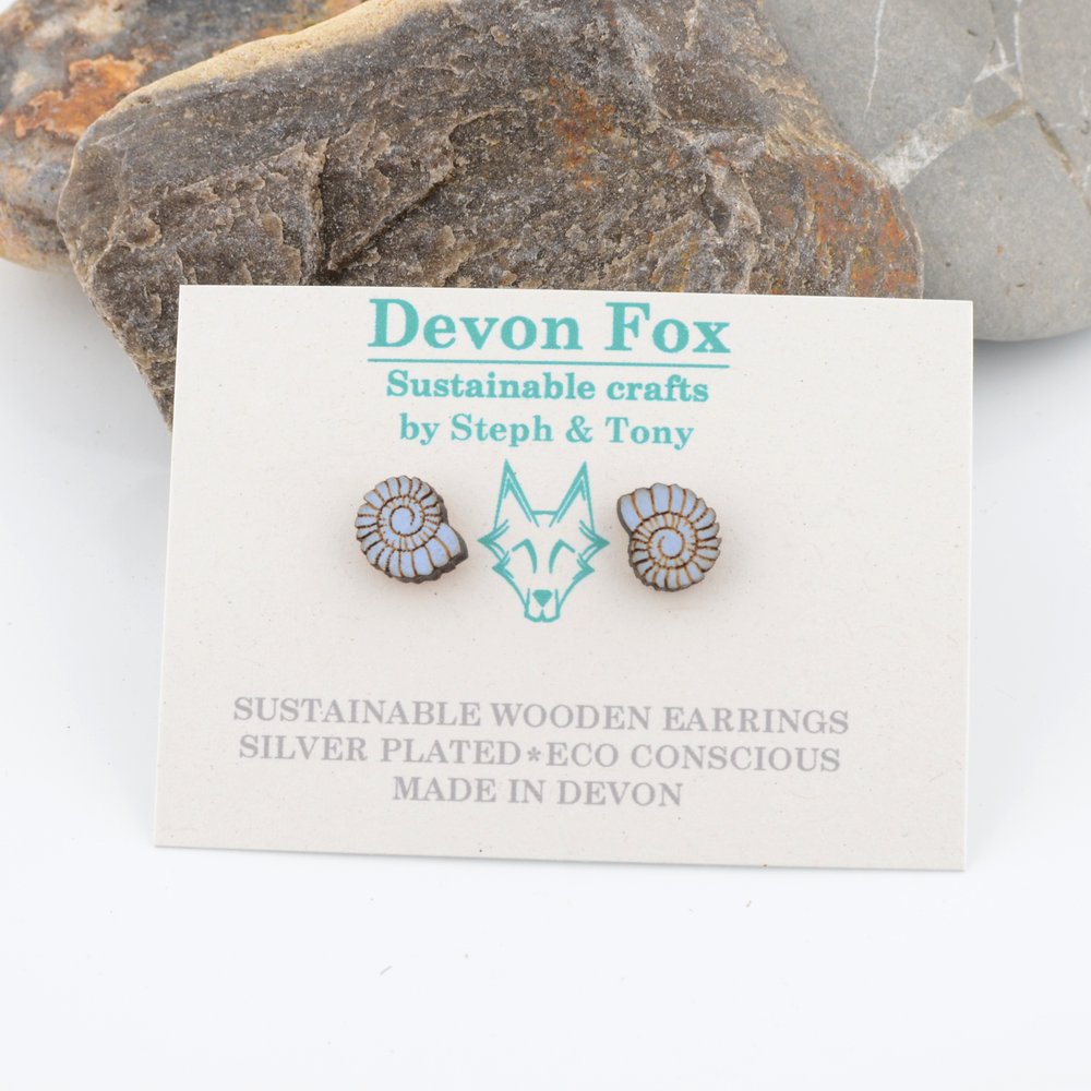 Wooden Ammonite Stud Earrings - Silver Plated