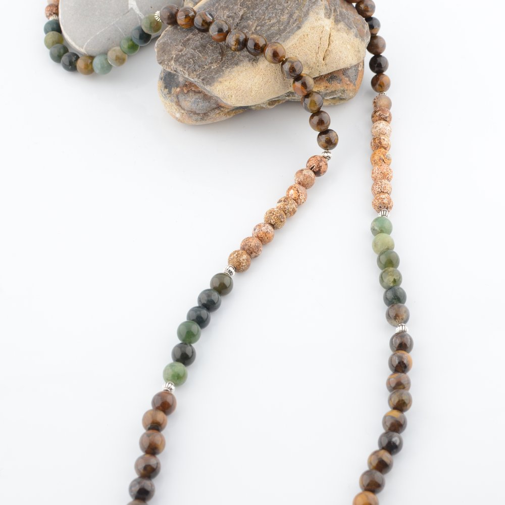 Tigers Eye & Indian Agate Beaded Necklace - Hand-Knotted 35