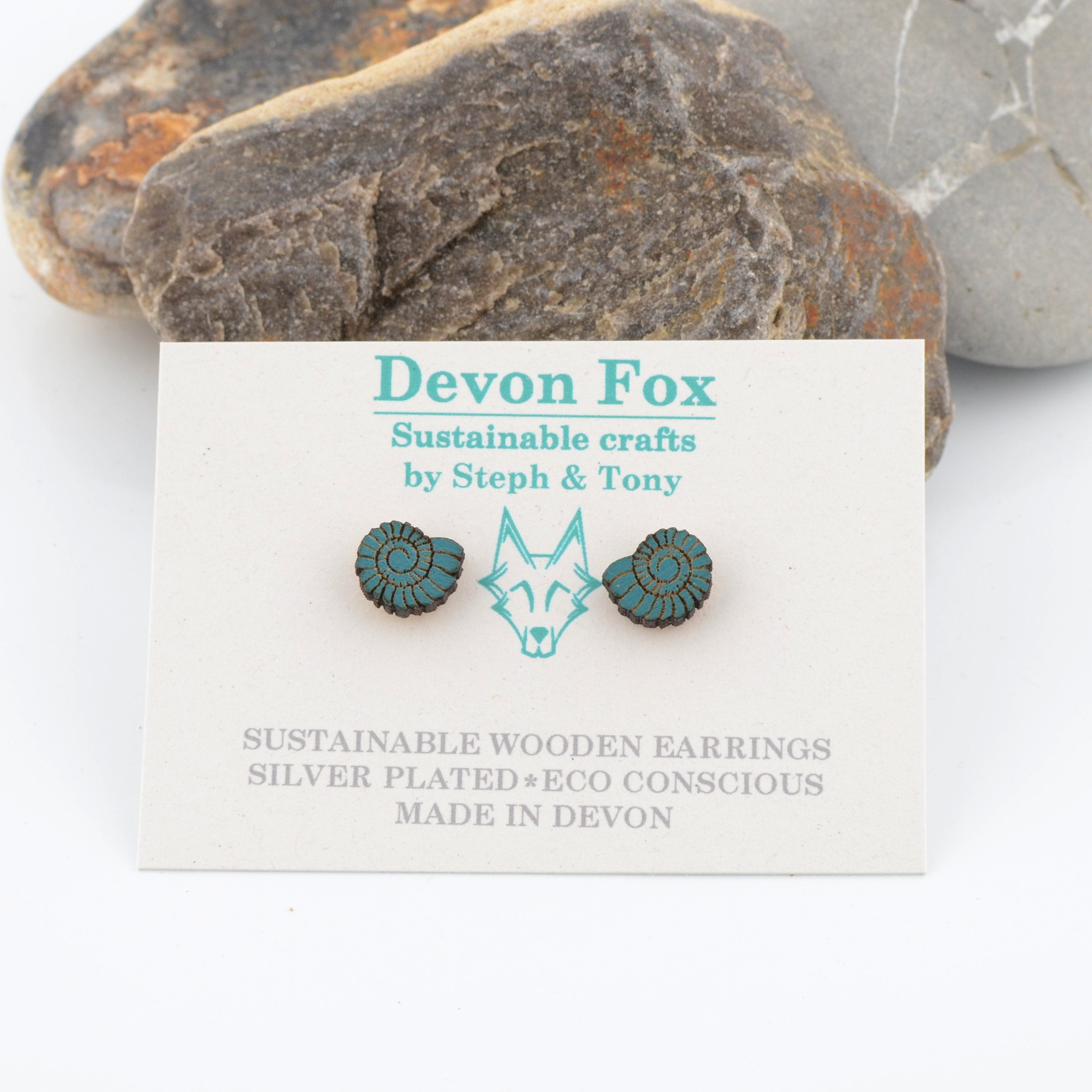 Wooden Ammonite Stud Earrings - Silver Plated