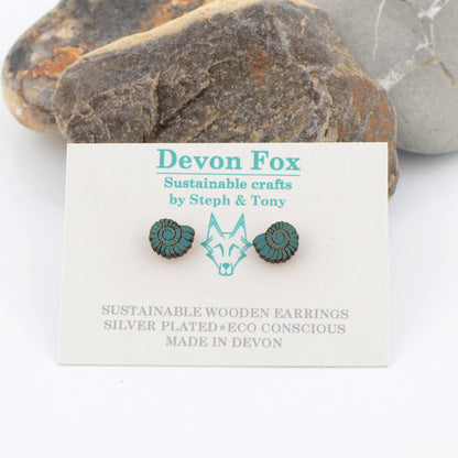Wooden Ammonite Stud Earrings - Silver Plated