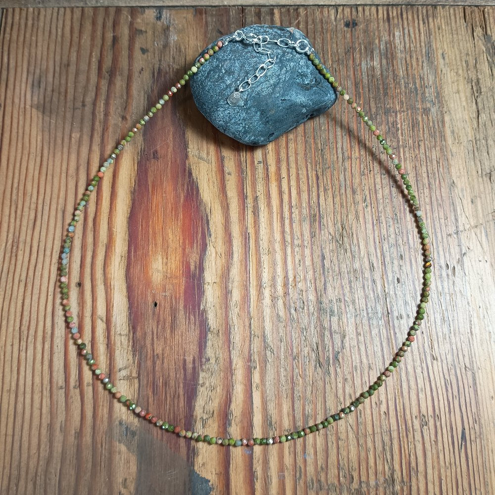 2mm Natural Stone Faceted Beaded Necklace with Sterling Silver Extender Chain