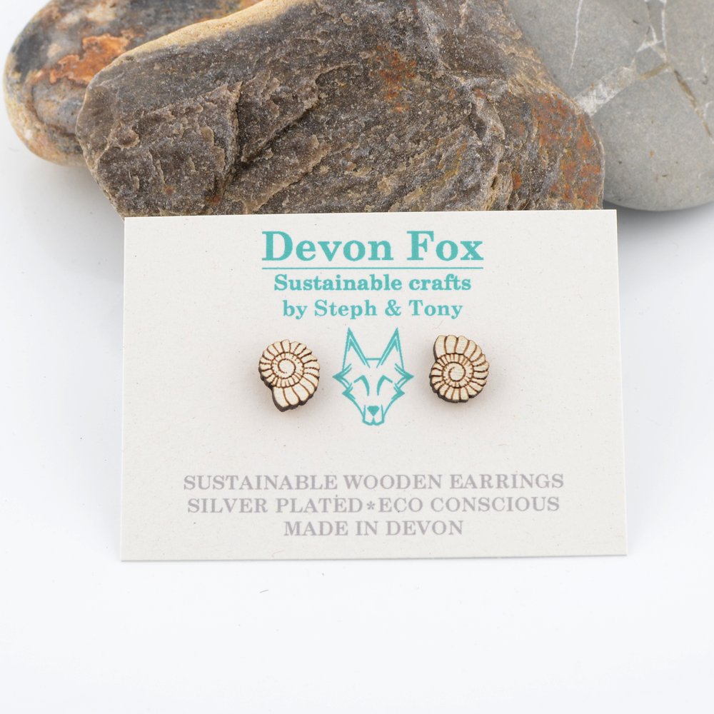 Wooden Ammonite Stud Earrings - Silver Plated