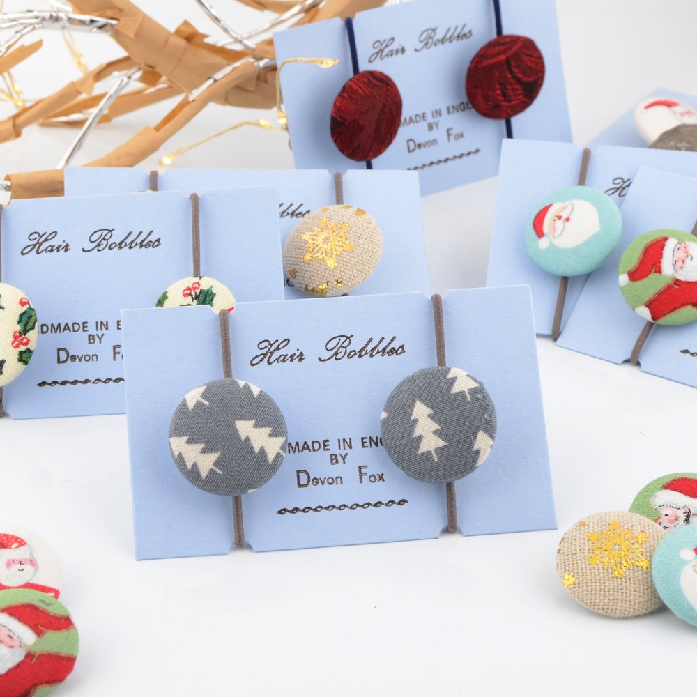 Christmas Trees Hair Bobbles - Covered Button Design Grey