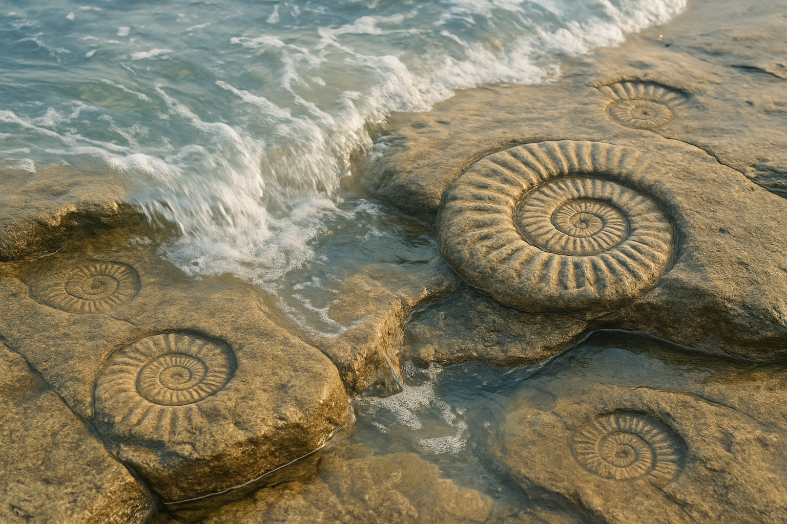 waves gently breaking over ammonites